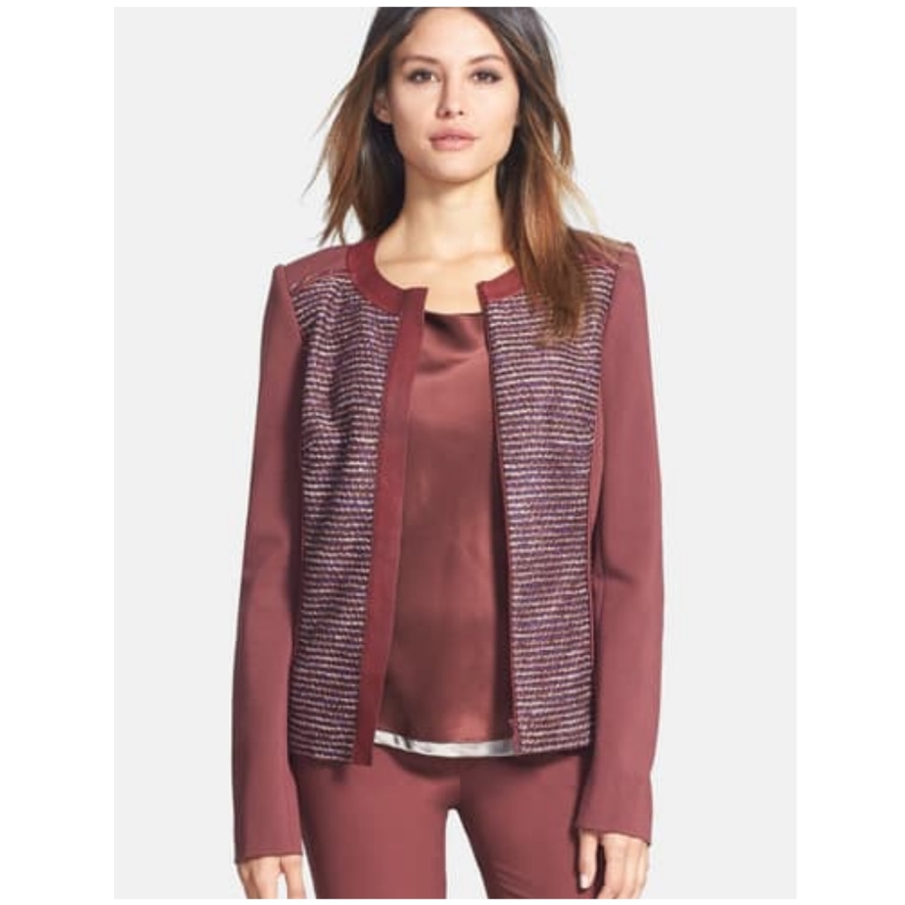 LAFAYETTE 148 Drina' Leather Trim Tweed Jacket 12